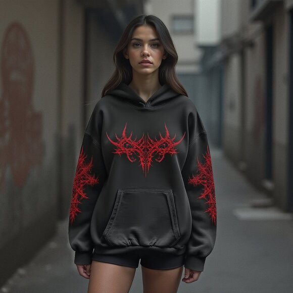 Mens Graphic Hoodie, Black Dark Streetwear Gothic Jacket, Cotton Polysester Blen - Picture 3 of 5